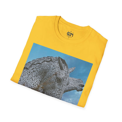 Kelpies with Meadow Photo Softstyle Unisex T-Shirt, Scottish Tee