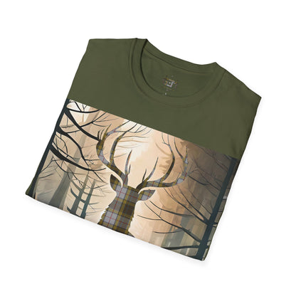 Stag Tartan Silhouette Softstyle T-Shirt - Buchanan Tartan, Unisex Tee, Scottish Scenery, Various Colours