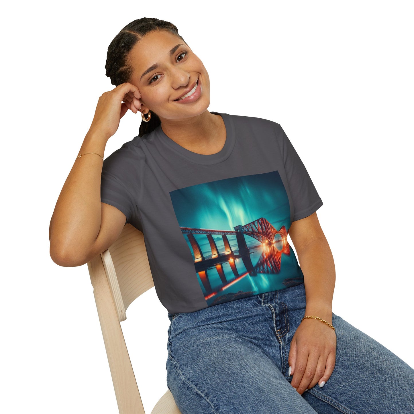 Forth Rail Bridge with Northern Lights Softstyle Unisex T-Shirt, Scotland Tee