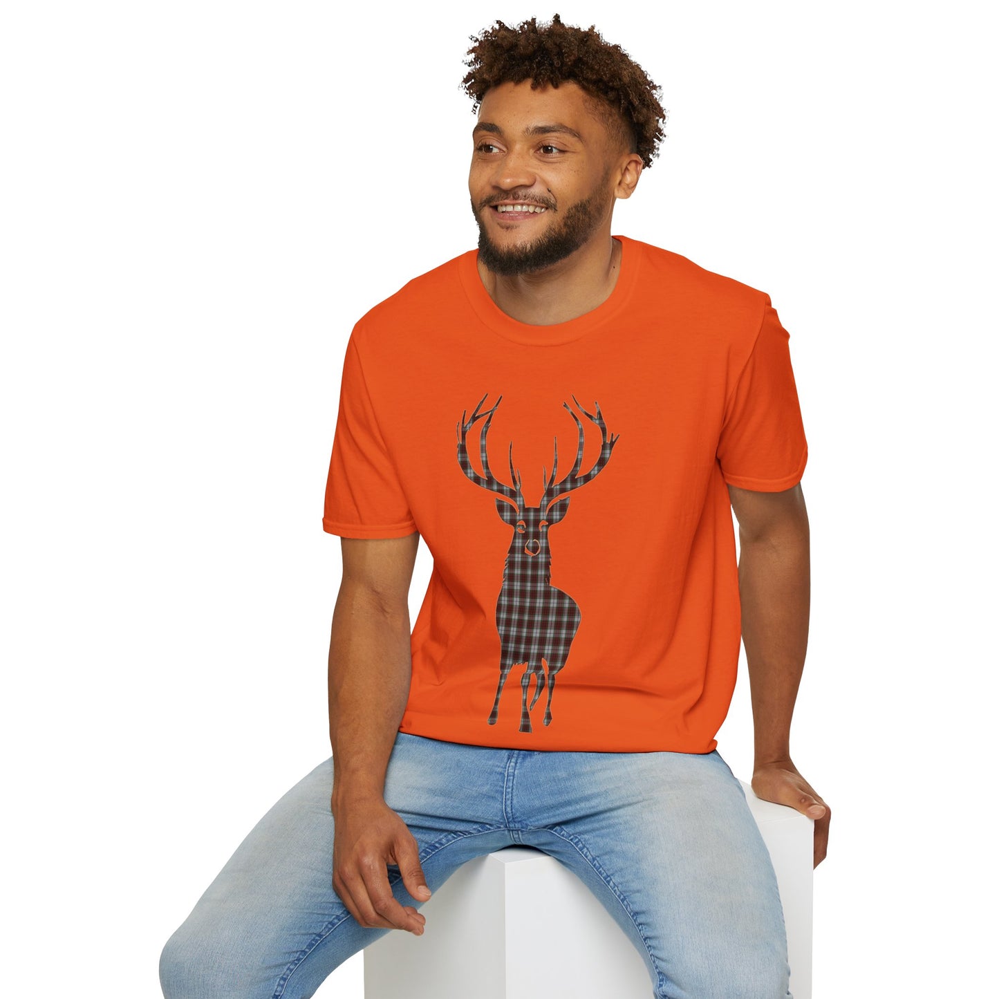 Tartan Stag Softstyle T-Shirt - Fraser Tartan, Unisex Tee, Scottish Scenery, Various Colours