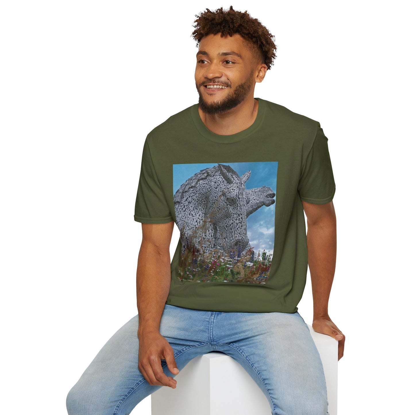 Scottish Kelpies with Meadow Photo Softstyle Unisex T-Shirt, Scotland Tee