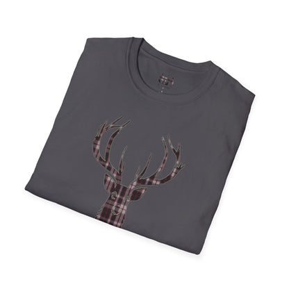 Tartan Stag Softstyle T-Shirt - MacPherson Tartan, Unisex Tee, Scottish Scenery, Various Colours