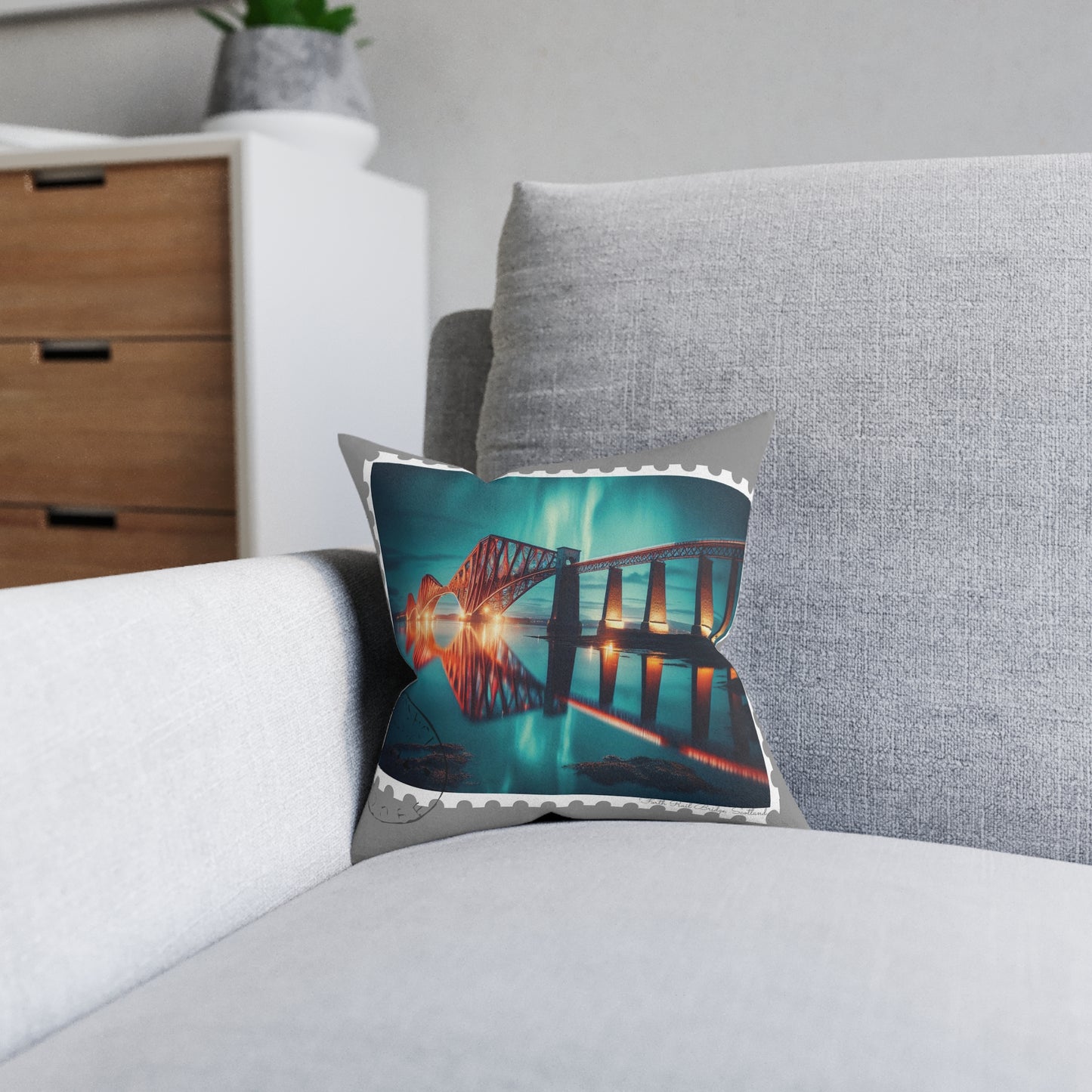 Forth Rail Bridge Art Stamp Square Cushion, Various Sizes