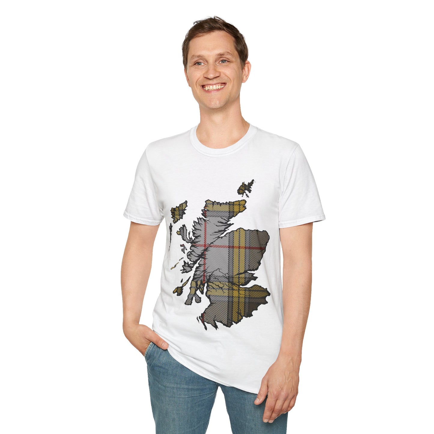 Scotland Tartan Map Softstyle Unisex T-Shirt, Buchanan Dress Tartan, Various Colours