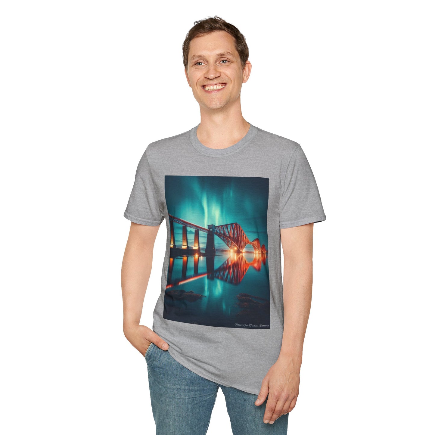 Forth Rail Bridge with Northern Lights Softstyle Unisex T-Shirt, Scotland Tee