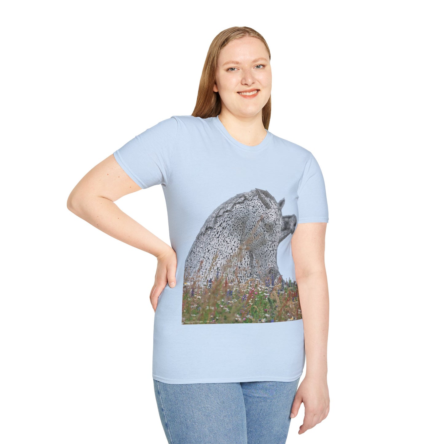 Kelpies with Meadow No Sky Photo Softstyle T-Shirt, Unisex Tee, Scottish Landmarks, Various Colours