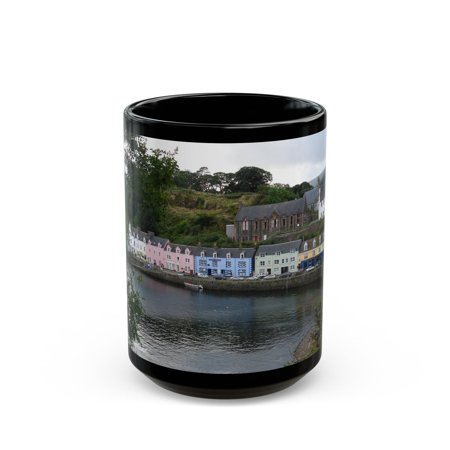 Portree Isle of Skye Photo Mug, Scotland Mug, Tea Cup, Coffee Cup, Scottish Landmark, Coloured Buildings, Nature, Scenery, Black