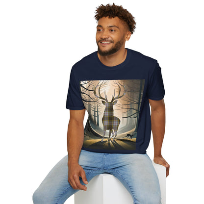 Stag Tartan Silhouette Softstyle T-Shirt - Buchanan Tartan, Unisex Tee, Scottish Scenery, Various Colours