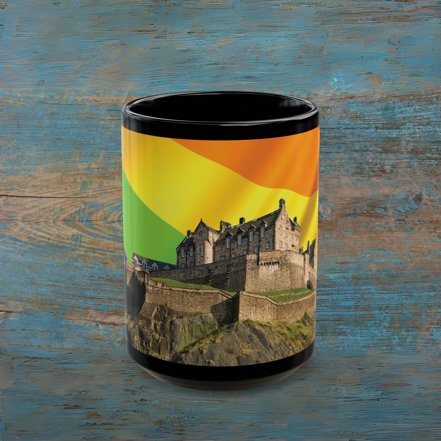 Edinburgh Castle Pride Flag Sky Photo Mug, Black