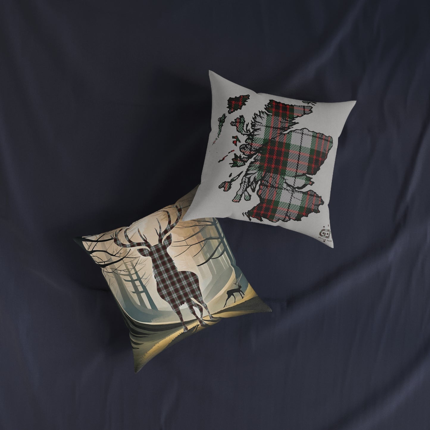 Reversible Square Cushion : Stag / Scotland Map - Fraser Tartan, Various Sizes