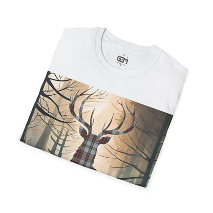 Stag Tartan Silhouette Softstyle T-Shirt - Stewart Dress Tartan, Unisex Tee, Scottish Scenery, Various Colours