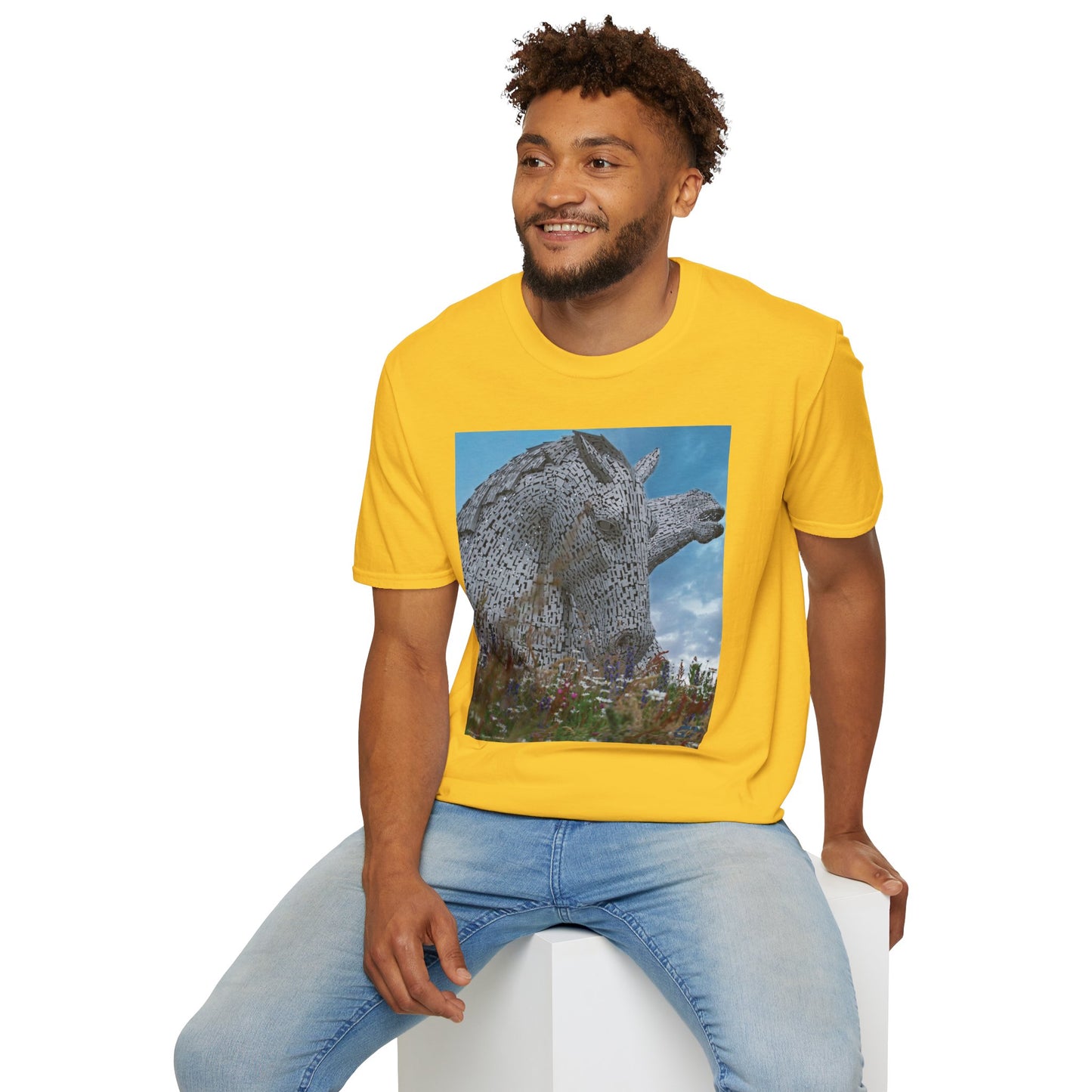 Scottish Kelpies with Meadow Photo Softstyle Unisex T-Shirt, Scotland Tee