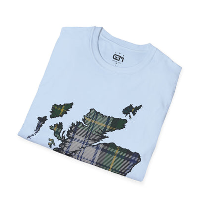 Scotland Tartan Map Softstyle Unisex T-Shirt, Gordon Dress Tartan, Various Colours