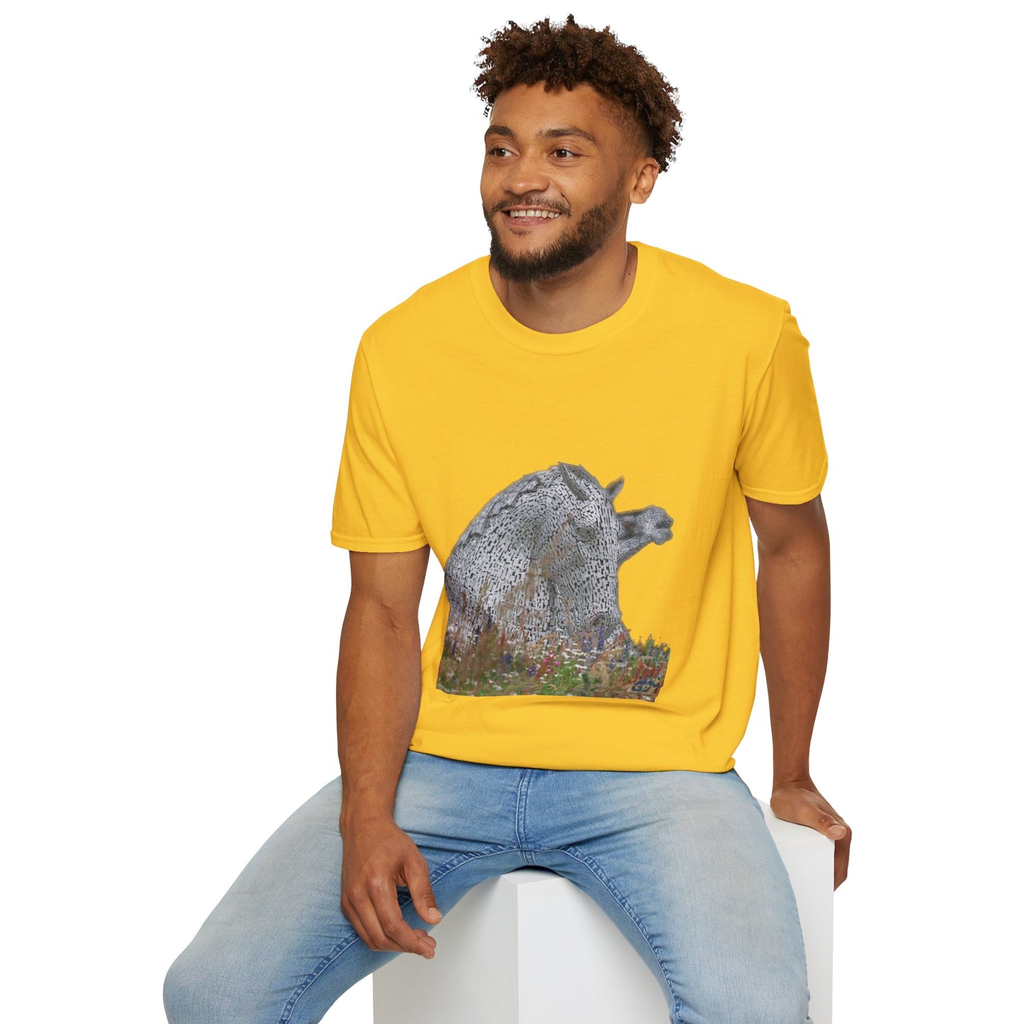 Scottish Kelpies with Meadow No Sky Photo Softstyle Unisex T-Shirt, Scotland Tee