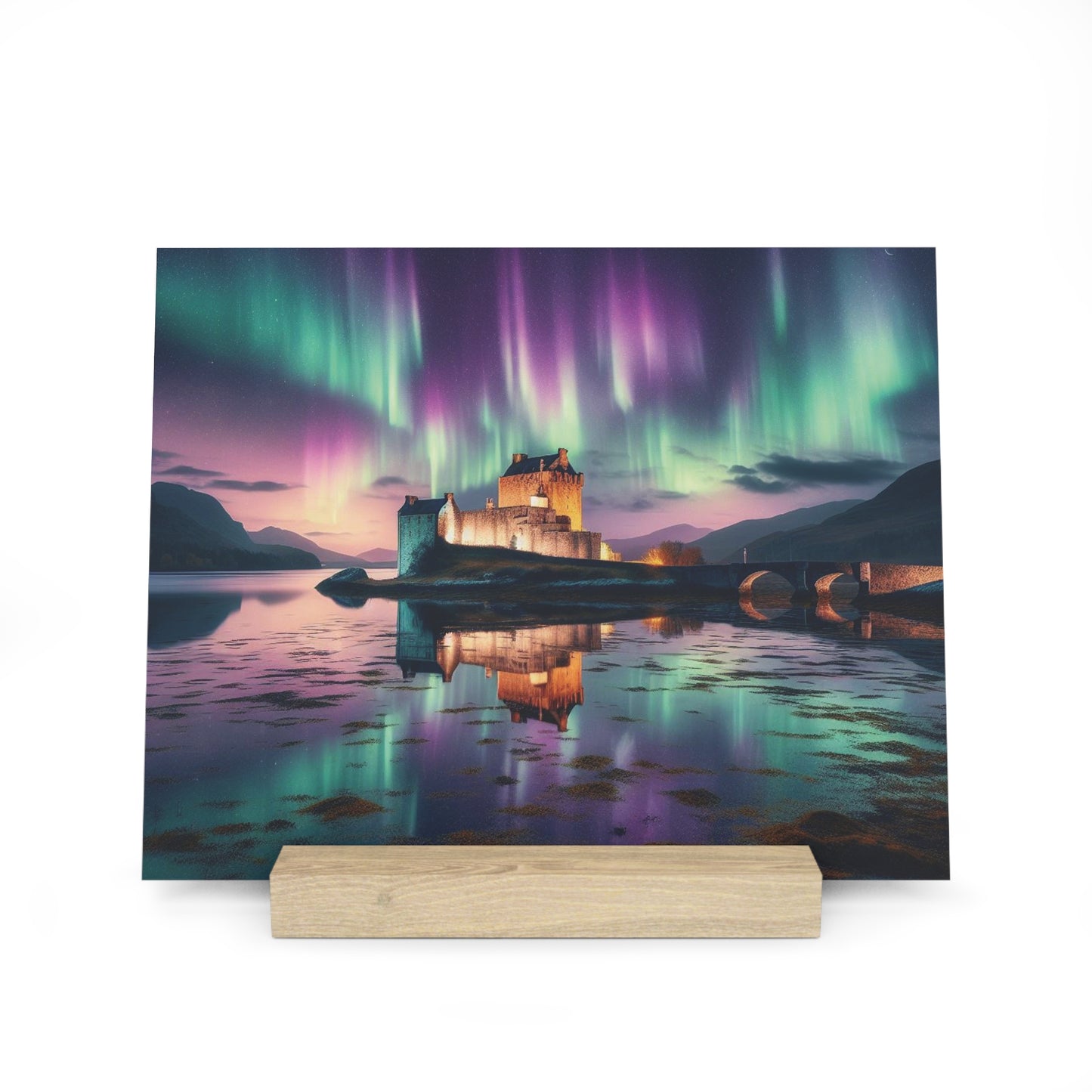 Eilean Donan Castle Northern Lights Gallery Stand, Oak Picture Stand, Scotland Art, Scenery, Landmarks, Various Sizes