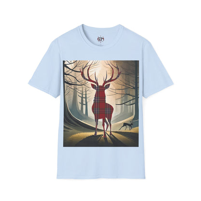 Stag Tartan Silhouette Softstyle T-Shirt - MacFarlane Tartan, Unisex Tee, Scottish Scenery, Various Colours