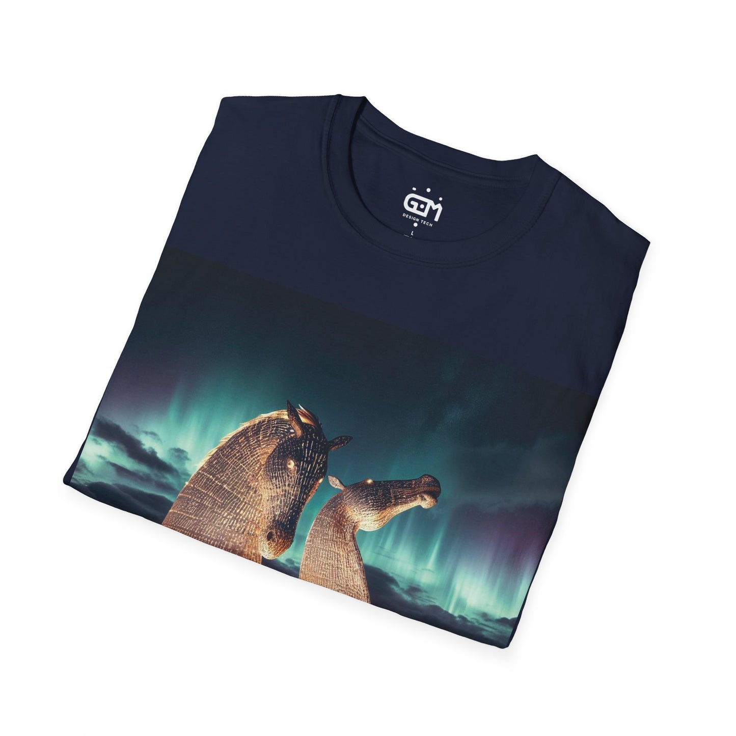 Kelpies with Northern Lights Softstyle T-Shirt, Unisex Tee, Scotland Shirt, Scottish Landmark, Nature, Scenery, Various Colours