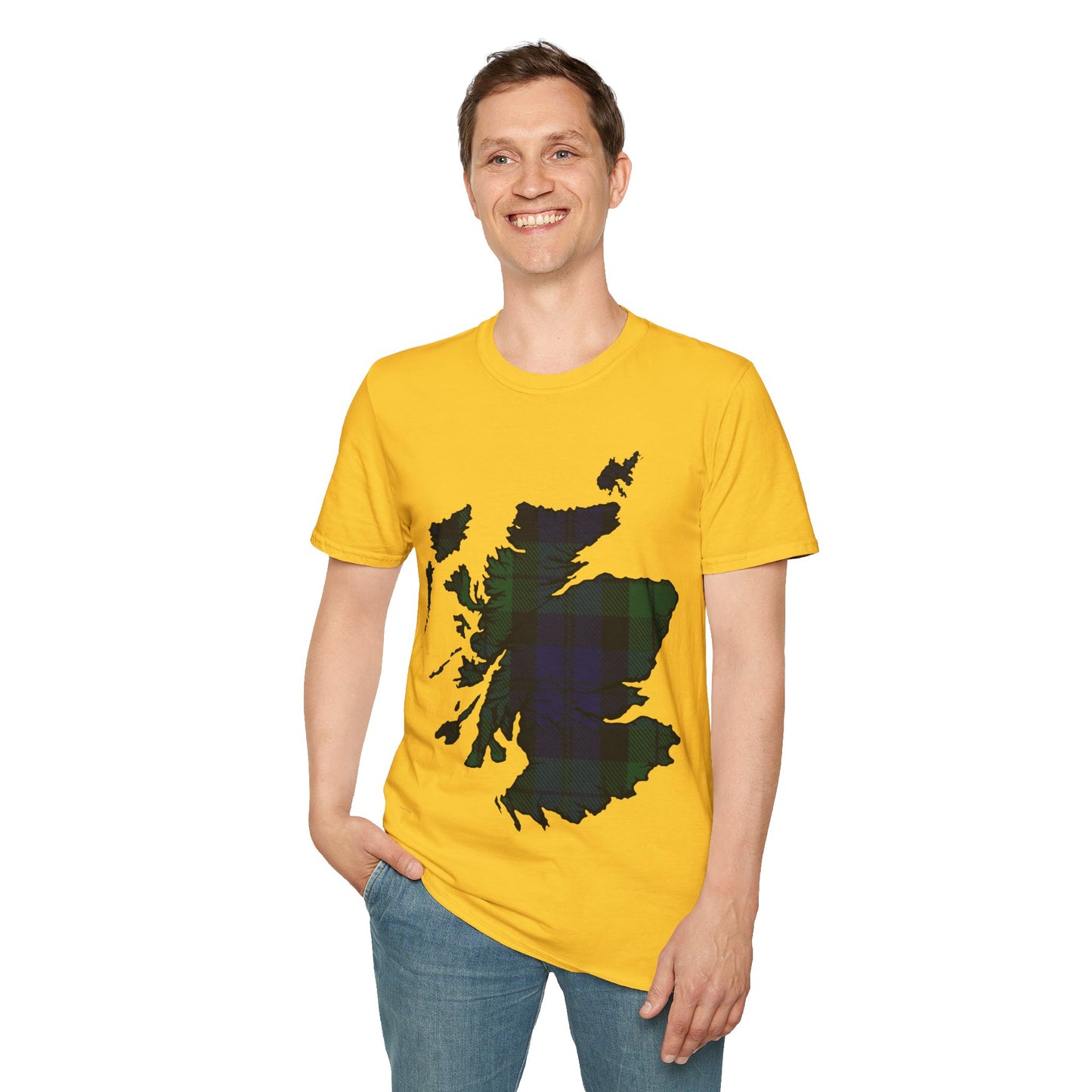 Scotland Tartan Map Softstyle Unisex T-Shirt, Black Watch Tartan, Various Colours