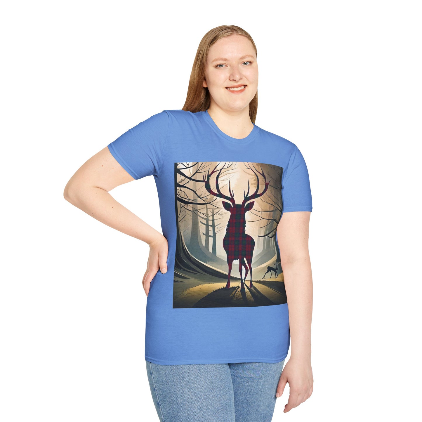 Stag Tartan Silhouette Softstyle T-Shirt - Lindsay Tartan, Unisex Tee, Scottish Scenery, Various Colours