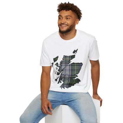 Scotland Tartan Map Softstyle Unisex T-Shirt, Gordon Dress Tartan, Various Colours