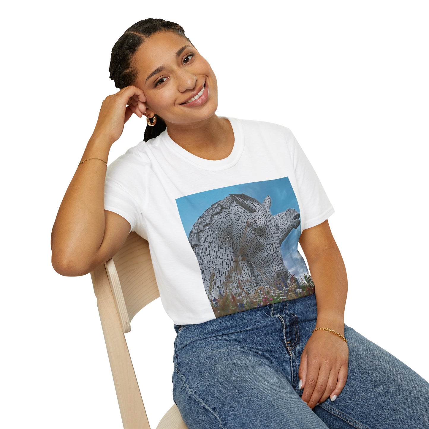 Kelpies with Meadow Photo Softstyle Unisex T-Shirt, Scottish Tee