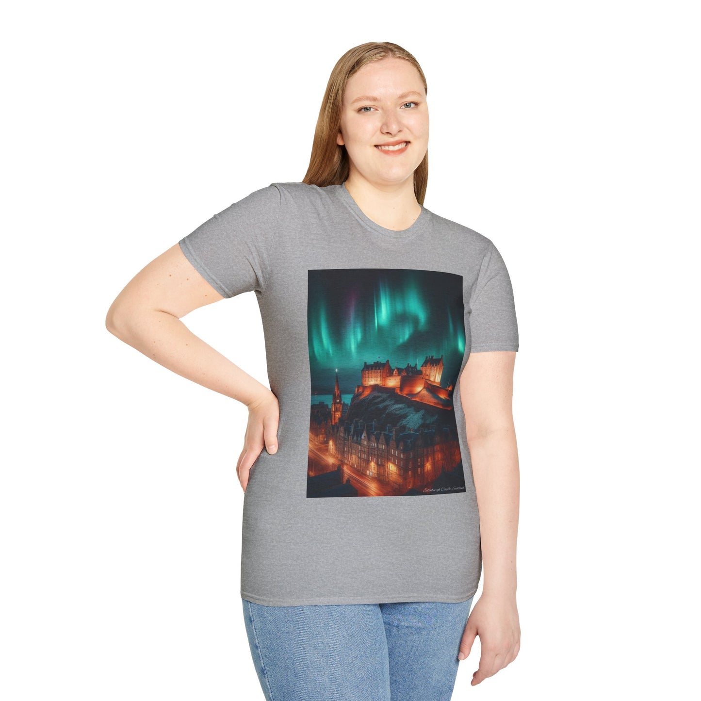 Edinburgh Castle with Northern Lights Softstyle Unisex T-Shirt, Scotland Tee