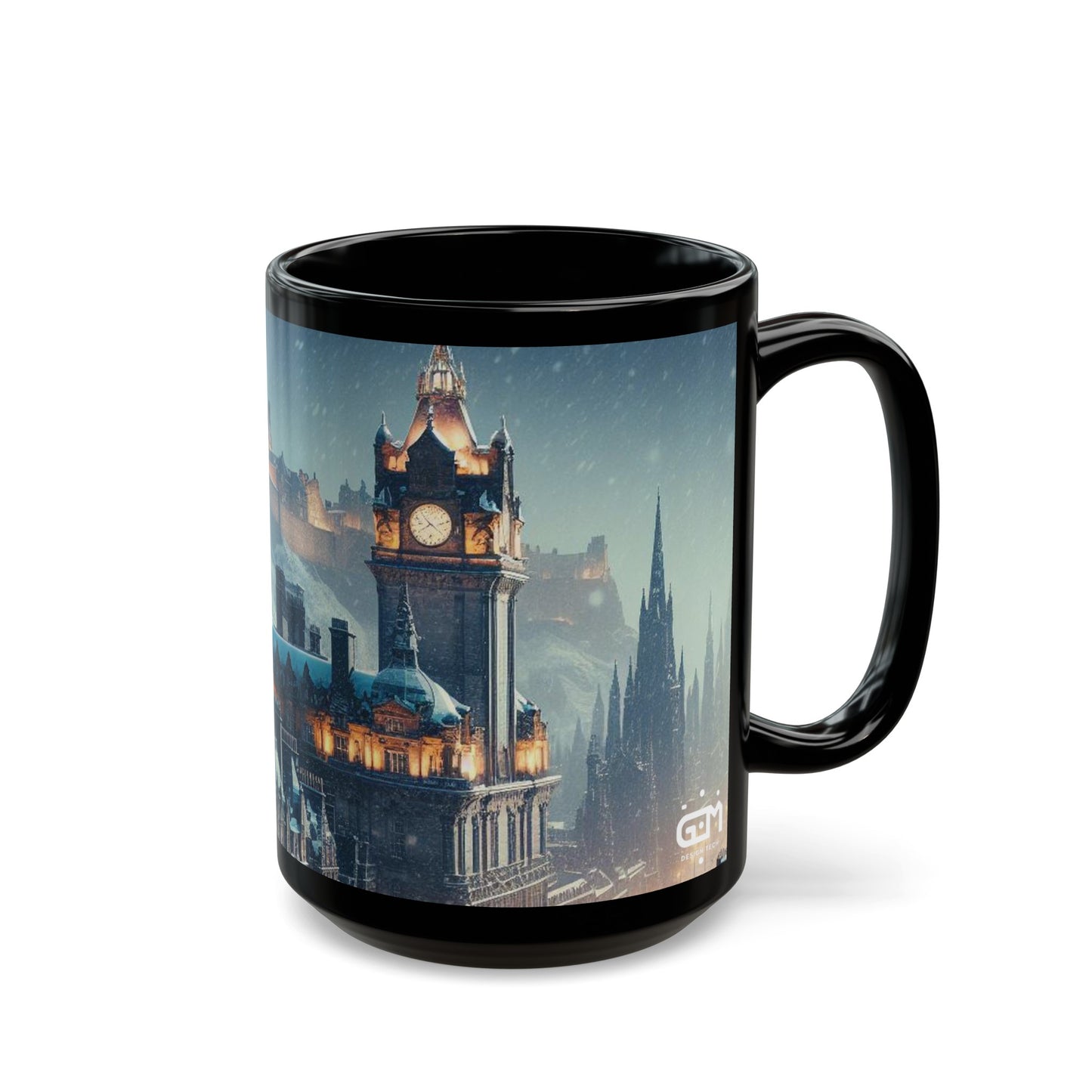 Edinburgh in Winter Mug, Coffee Cup, Tea Cup, Scottish Art, Scottish Landmarks, Scottish Nature, Black