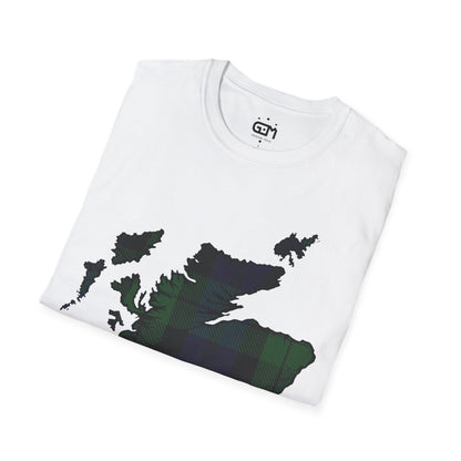 Scotland Tartan Map Softstyle Unisex T-Shirt, Black Watch Tartan, Various Colours