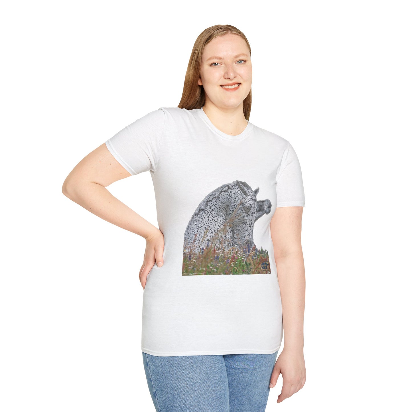 Scottish Kelpies with Meadow No Sky Photo Softstyle Unisex T-Shirt, Scotland Tee