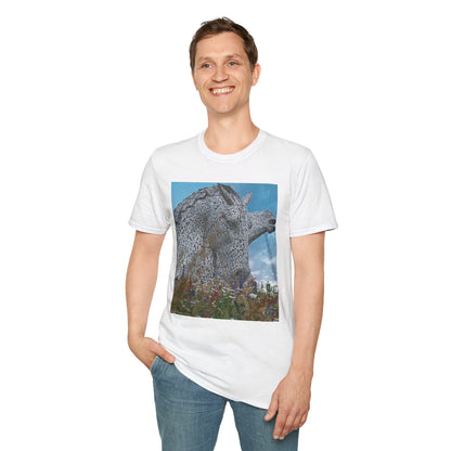 Scottish Kelpies with Meadow Photo Softstyle Unisex T-Shirt, Scotland Tee