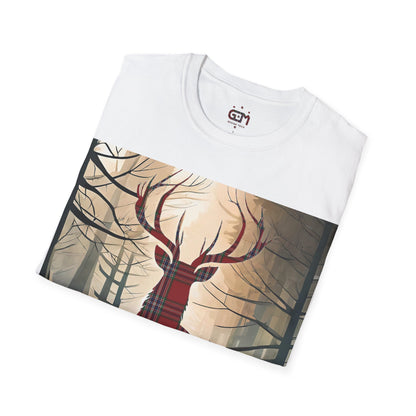 Stag Tartan Silhouette Softstyle T-Shirt - MacFarlane Tartan, Unisex Tee, Scottish Scenery, Various Colours