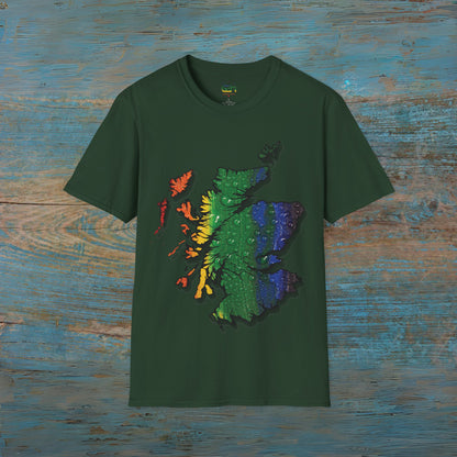 Pride Rain Scotland Map T-shirt unisexe, différentes couleurs