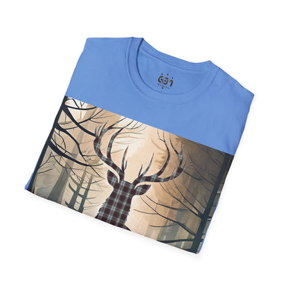 Stag Tartan Silhouette Softstyle T-Shirt - Fraser Tartan, Unisex Tee, Scottish Scenery, Various Colours