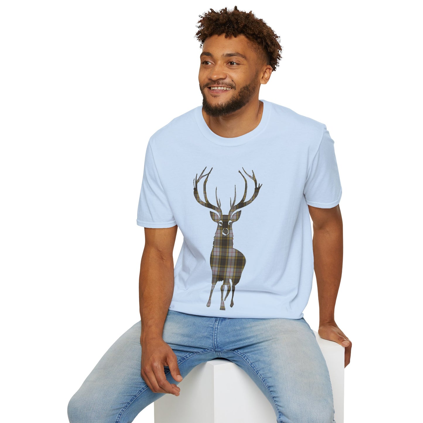 Tartan Stag Softstyle T-Shirt - Buchanan Tartan, Unisex Tee, Scottish Scenery, Various Colours