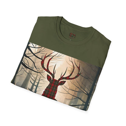 Stag Tartan Silhouette Softstyle T-Shirt - MacGregor Tartan, Unisex Tee, Scottish Scenery, Various Colours