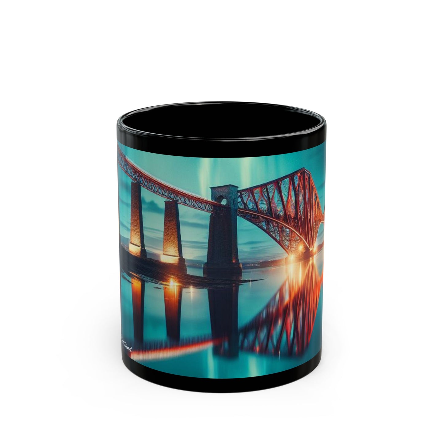 Forth Rail Bridge Northern Lights Mug, Tasse à café, Tasse à thé, Art écossais, Monuments écossais, Nature écossaise, Noir