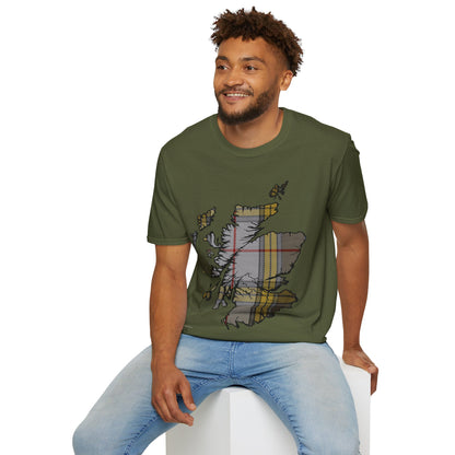 Scotland Tartan Map Softstyle Unisex T-Shirt, Buchanan Dress Tartan, Various Colours