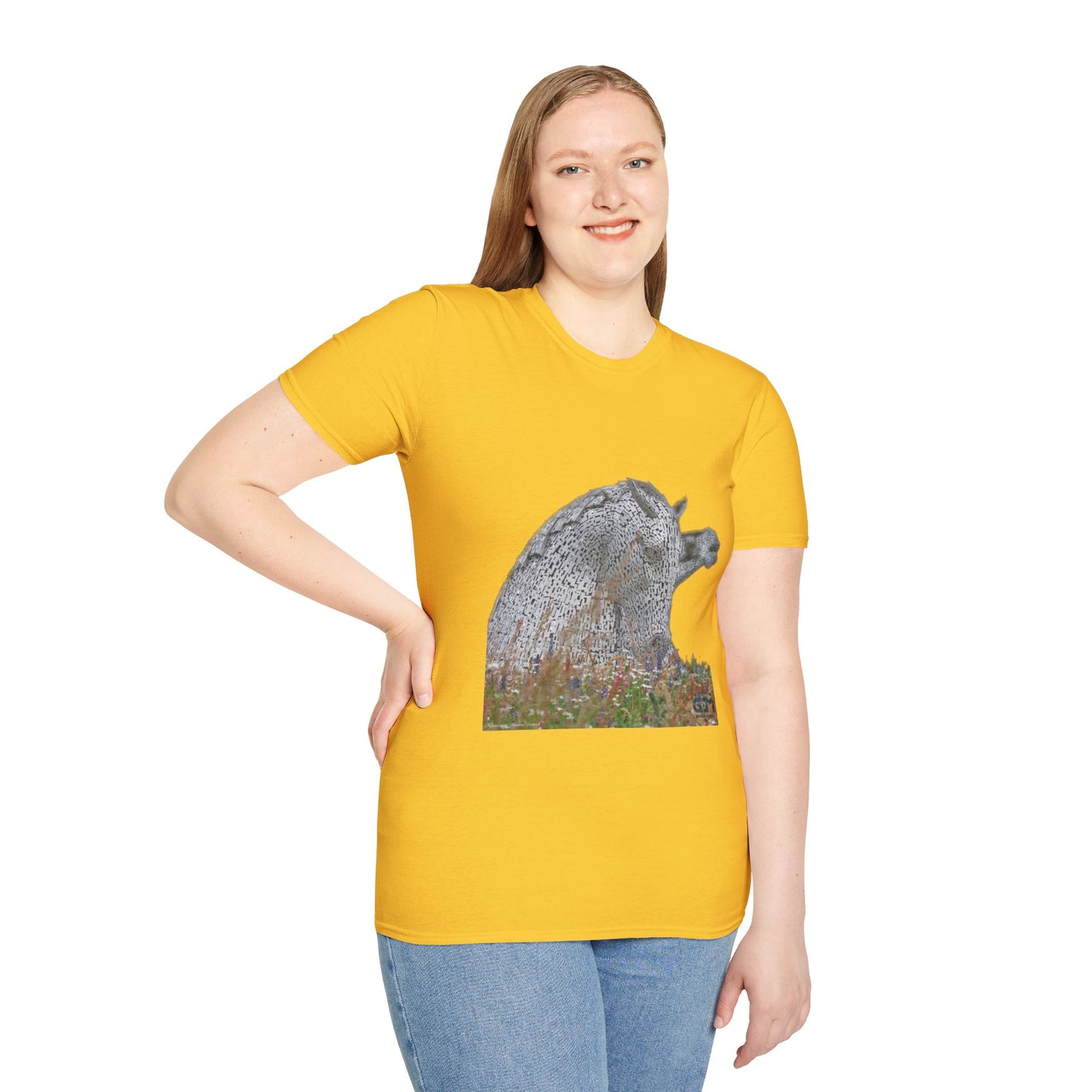 Scottish Kelpies with Meadow No Sky Photo Softstyle Unisex T-Shirt, Scotland Tee