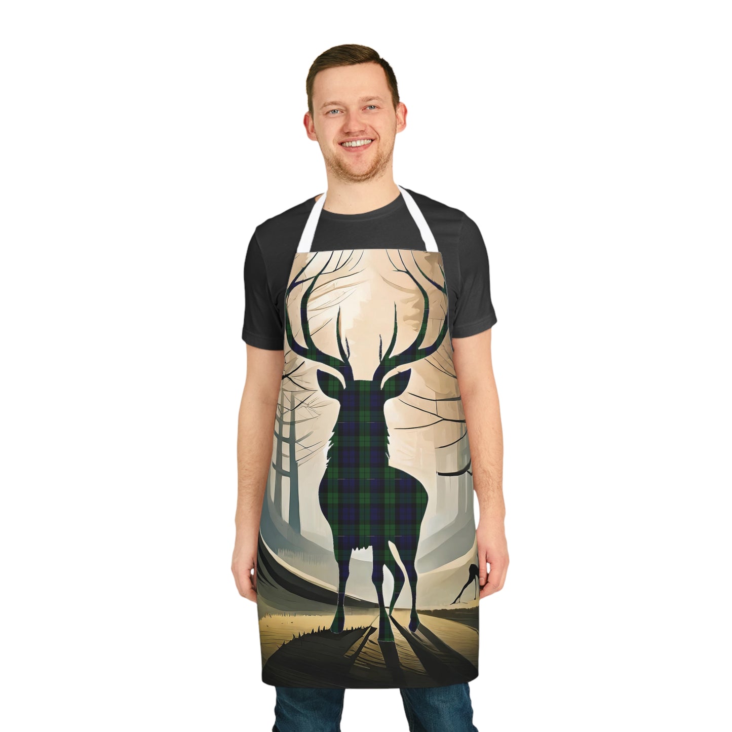 Tartan Stag Woodland Scene Apron - Black Watch Tartan, Scottish Cooking Apparel, Chef Accessory