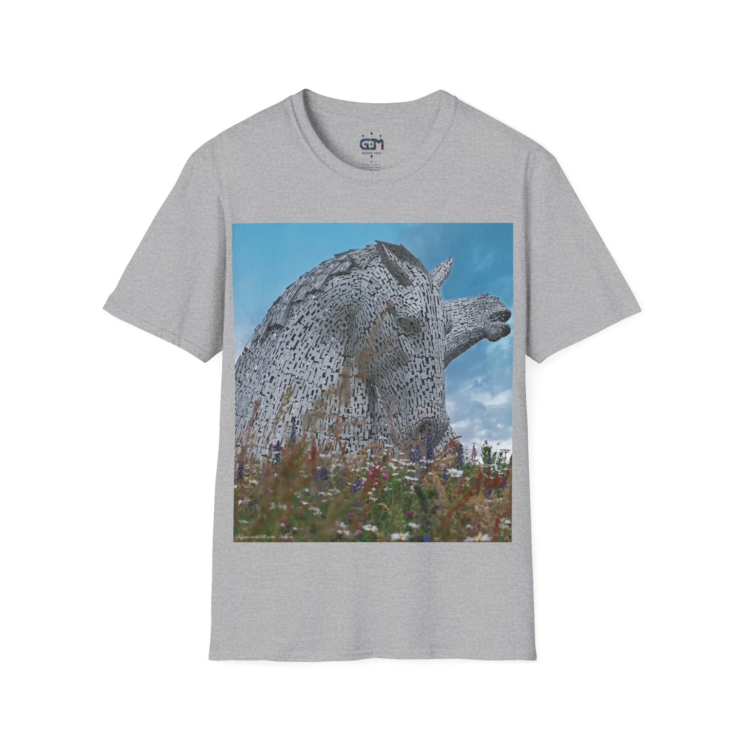 Kelpies with Meadow Photo Softstyle T-Shirt, Unisex Tee, Scottish Landmarks, Various Colours