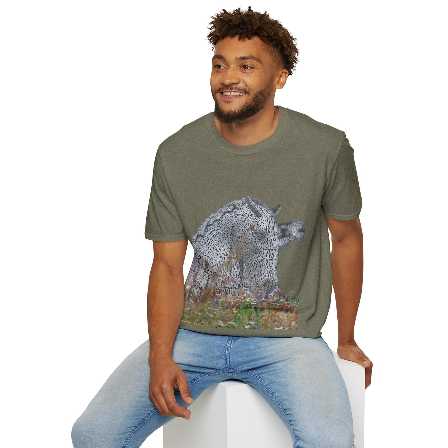 Kelpies with Meadow No Sky Photo Softstyle T-Shirt, Unisex Tee, Scottish Landmarks, Various Colours