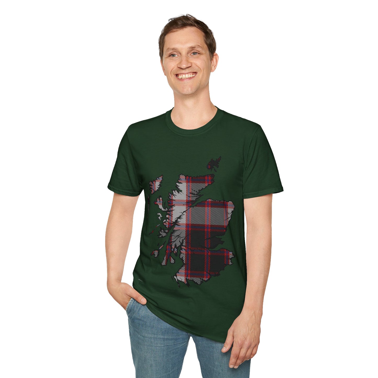 Scotland Tartan Map Softstyle Unisex T-Shirt, MacPherson Tartan, Various Colours