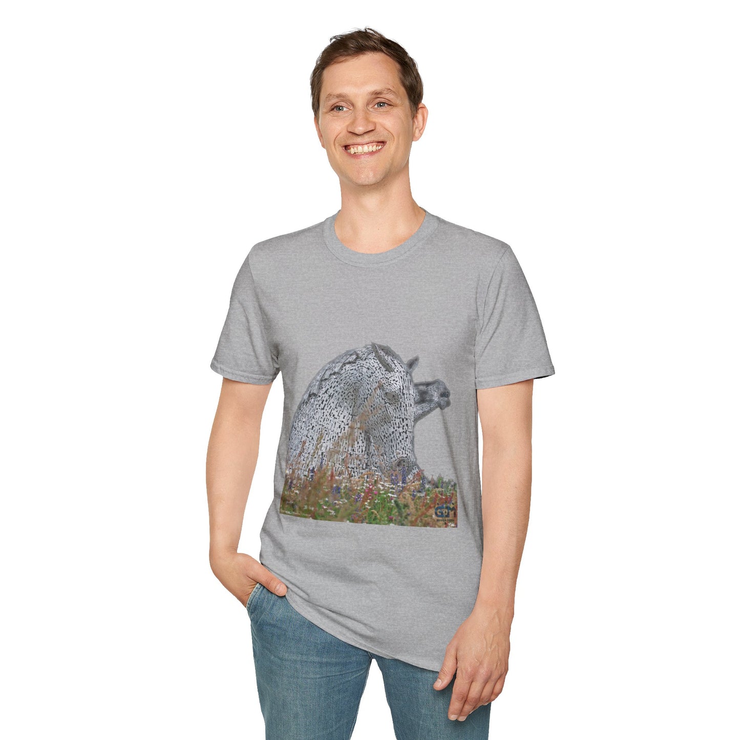 Scottish Kelpies with Meadow No Sky Photo Softstyle Unisex T-Shirt, Scotland Tee