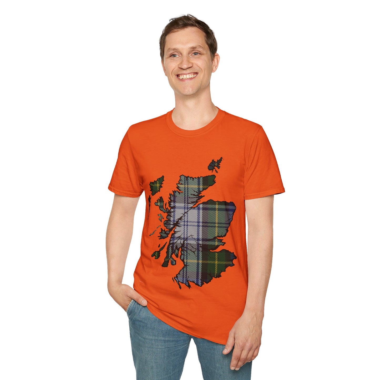 Scotland Tartan Map Softstyle Unisex T-Shirt, Gordon Dress Tartan, Various Colours