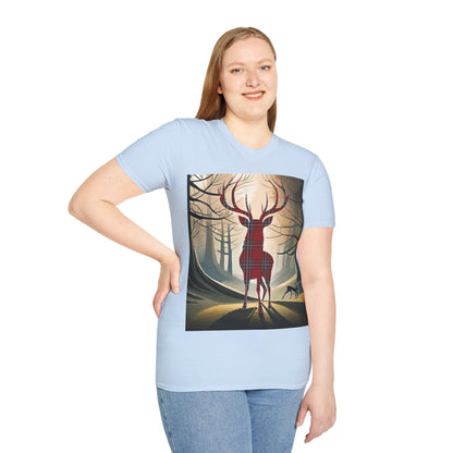 Stag Tartan Silhouette Softstyle T-Shirt - MacFarlane Tartan, Unisex Tee, Scottish Scenery, Various Colours