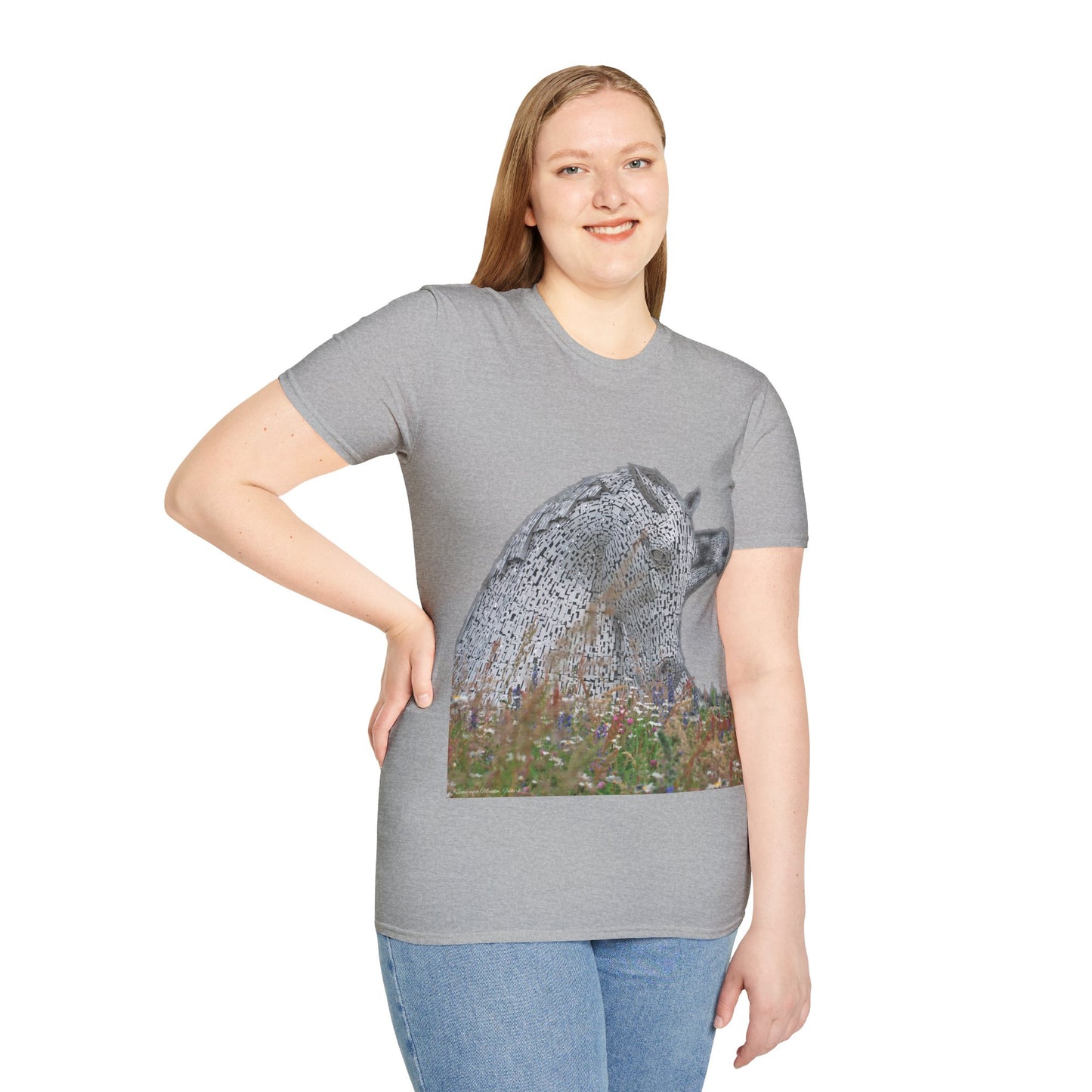 Kelpies with Meadow No Sky Photo Softstyle T-Shirt, Unisex Tee, Scottish Landmarks, Various Colours