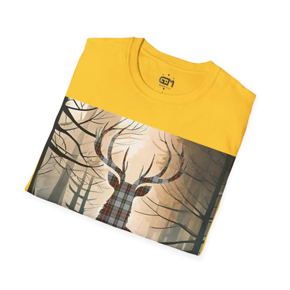 Stag Tartan Silhouette Softstyle T-Shirt - Stewart Dress Tartan, Unisex Tee, Scottish Scenery, Various Colours