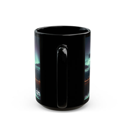 Kelpies Northern Lights Mug, Coffee Cup, Tea Cup, Scottish Art, Scottish Landmarks, Scottish Nature, Black