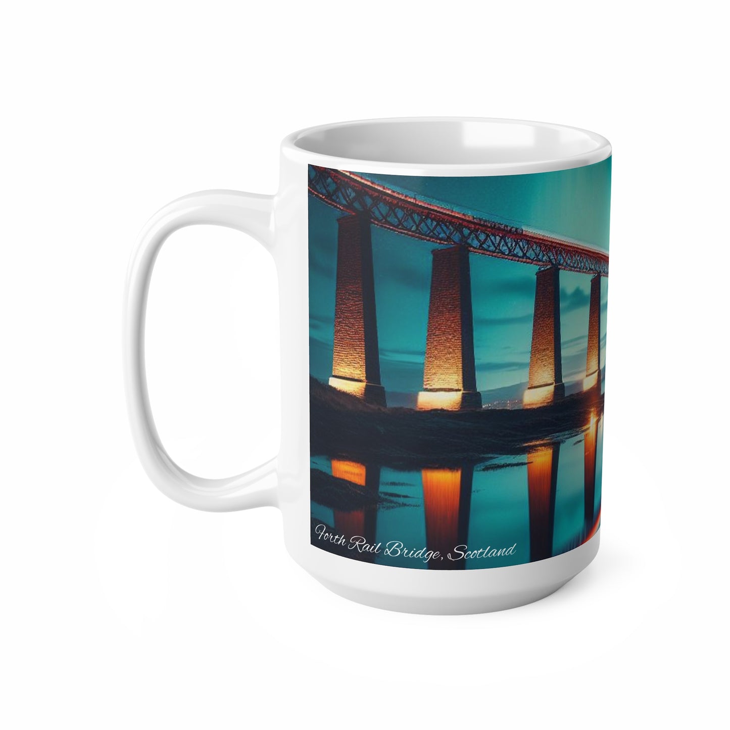 Forth Rail Bridge Northern Lights Mug, Coffee Cup, Tea Cup, Scottish Art, Scottish Landmarks, Scottish Nature, White