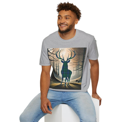 Stag Tartan Silhouette Softstyle T-Shirt - Flower of Scotland Tartan, Unisex Tee, Scottish Scenery, Various Colours